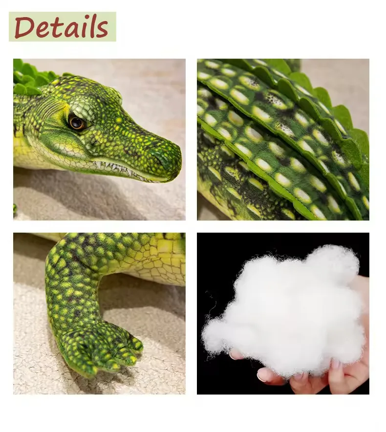 Detail collage of the crocodile plush snout, raised back ridge, printed leg texture, and white PP cotton filling