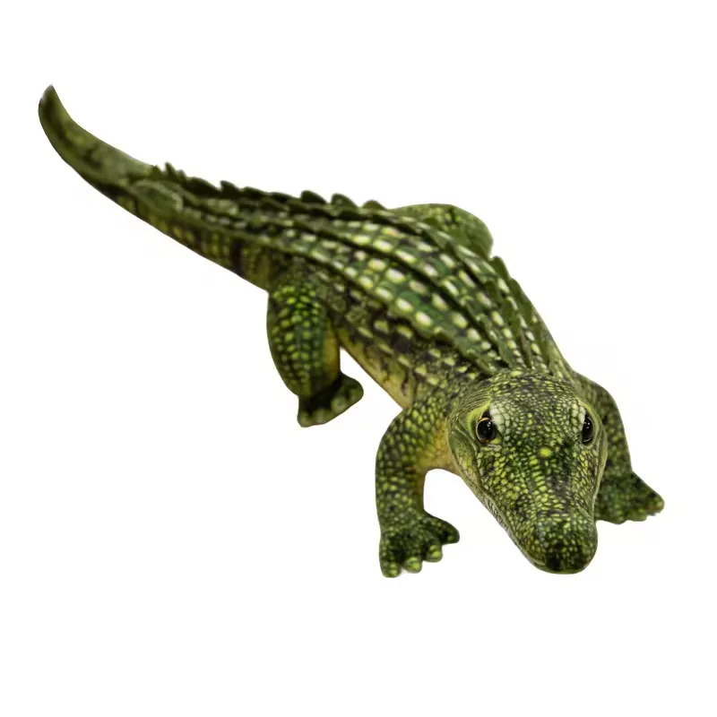 Single green realistic crocodile plush doll on a white background showing the long tail, broad snout, and raised back ridge