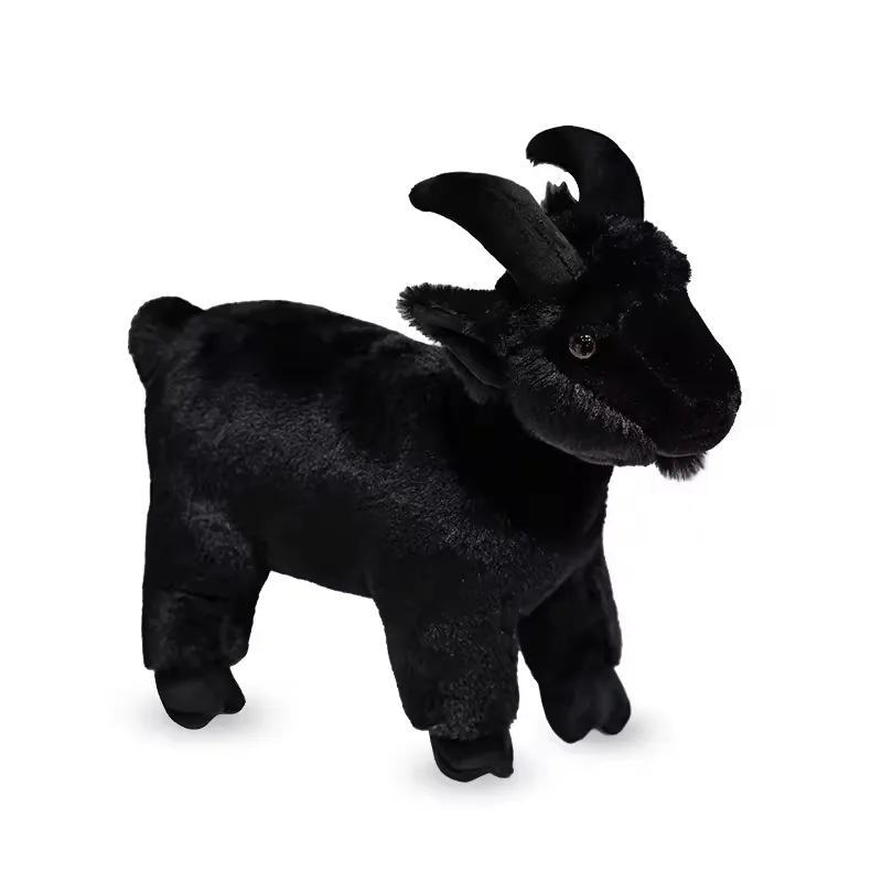 Single black realistic goat plush toy on a white background with curved horns, short beard, and standing farm-animal body