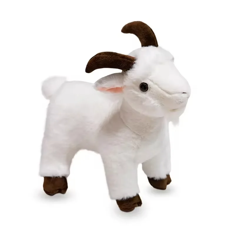 Single white realistic goat plush toy on a white background with brown curved horns and compact standing legs