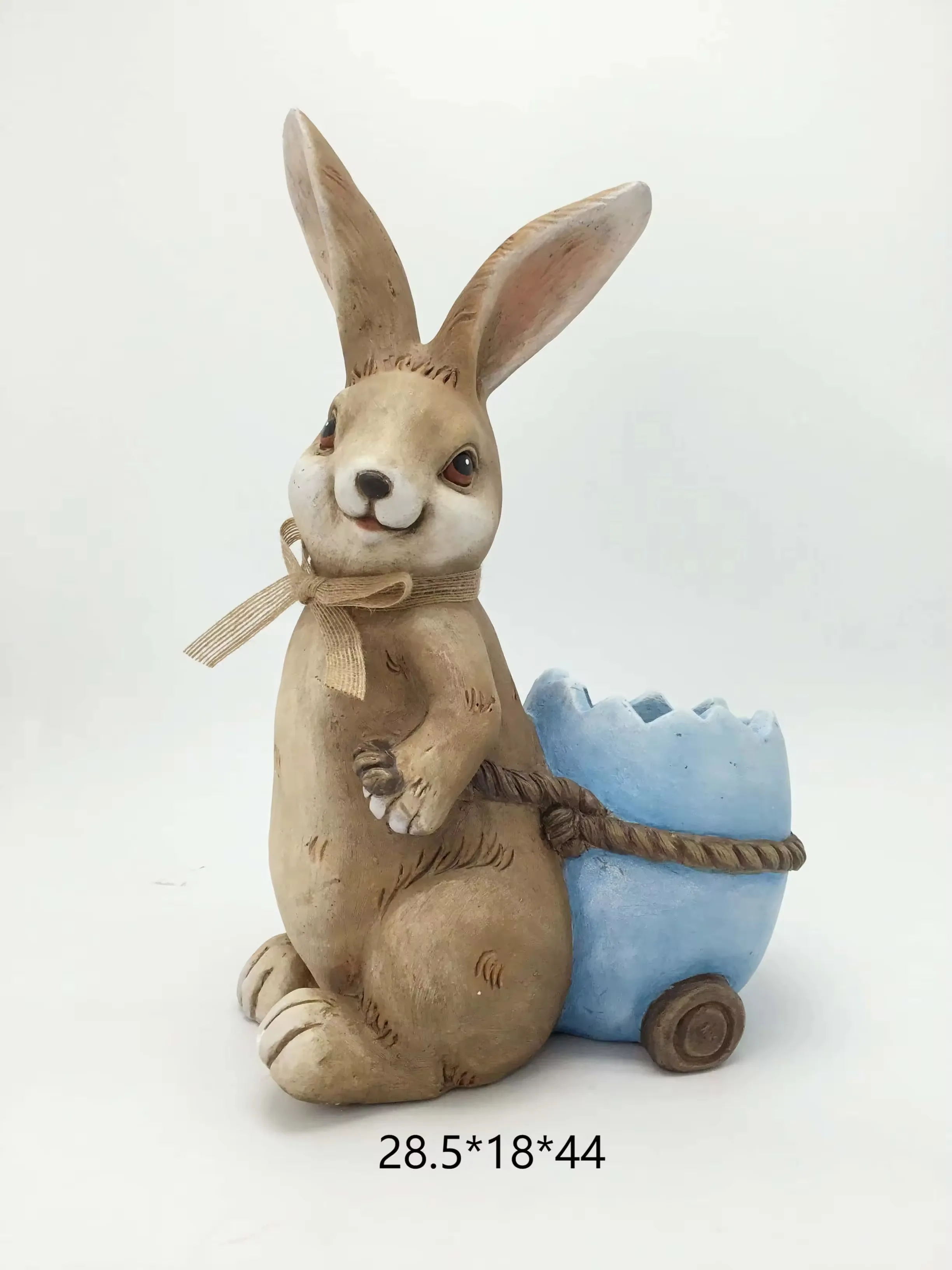 Realistic resin rabbit figurine with a blue cracked eggshell cart planter for spring garden and florist displays