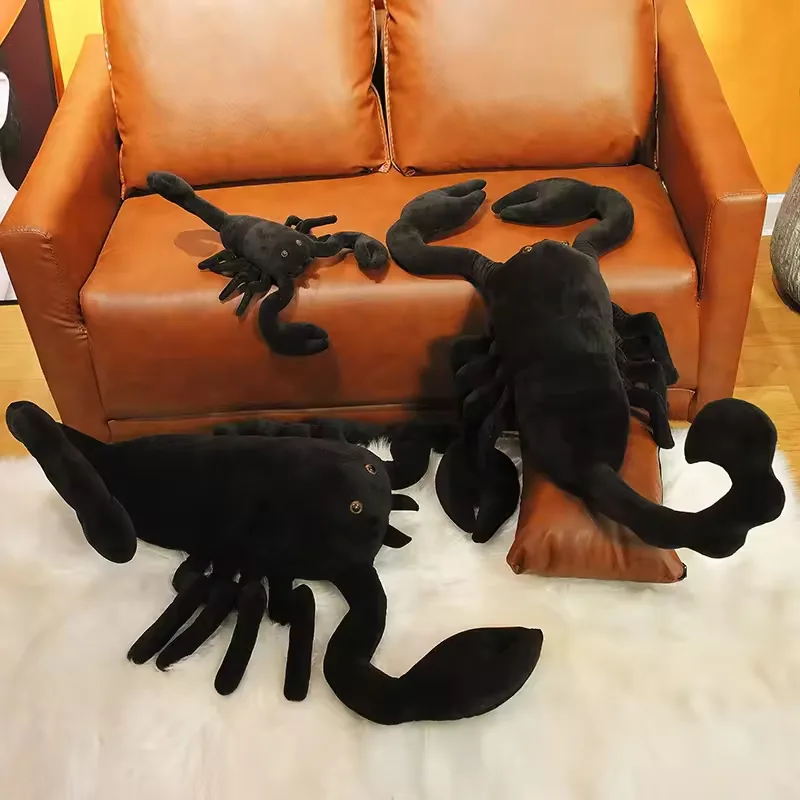 Three black scorpion plush dolls shown in mixed sizes for collection planning and multi-SKU merchandising