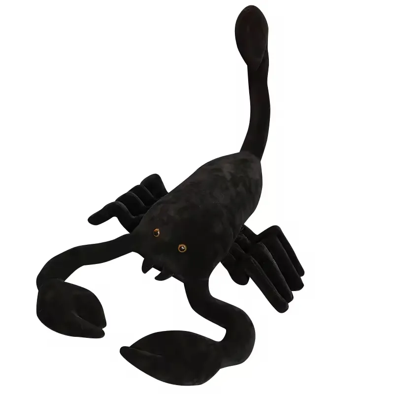 Studio view of black scorpion plush doll with wide claws, segmented legs, and a curved tail on a white background