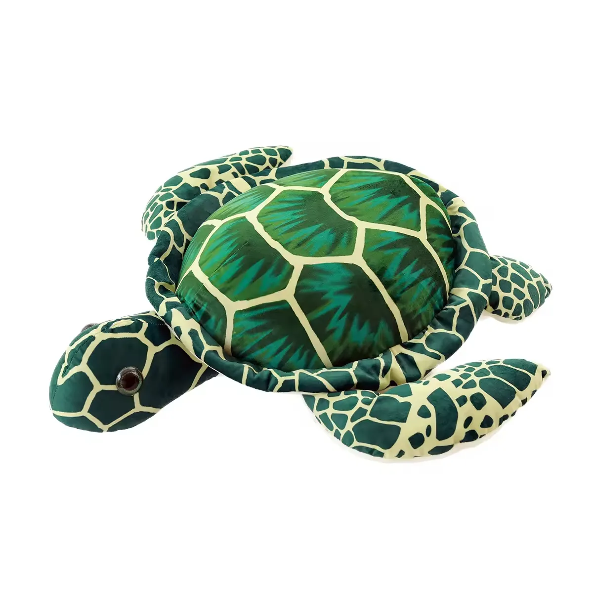 Green realistic sea turtle plush pillow with flat shell body, printed flippers, and rounded marine-animal head on a white background