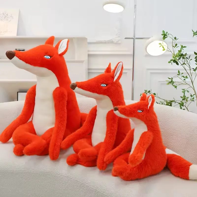 Three red fox plush dolls shown together in a size family with long legs, pointed snouts, and white-tipped tails