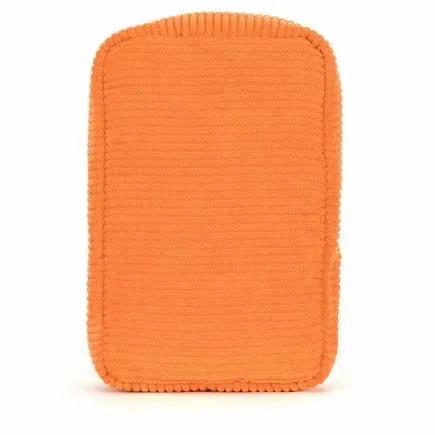 Back view of the sardine tin plush toy showing a clean orange ribbed panel without the fish