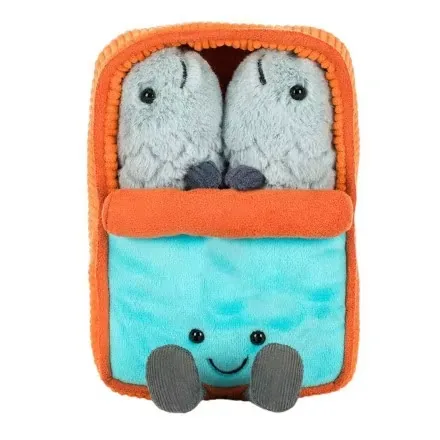 A smiling sardine tin plush toy with two soft fish tucked inside an orange-and-teal can-style pouch