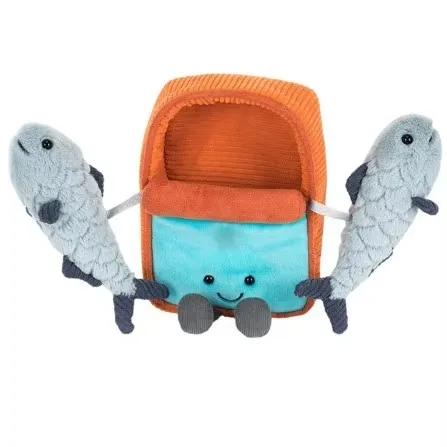 The sardine tin plush toy shown open with two fish outside the pouch to demonstrate the removable concept