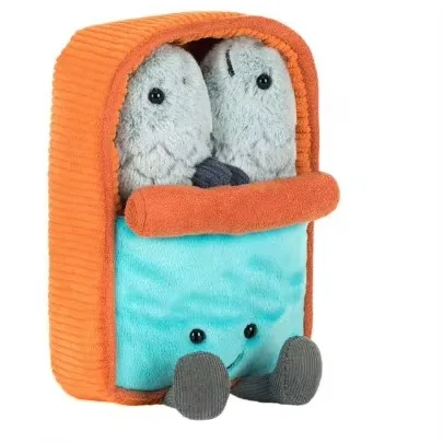 Side view of the sardine tin plush toy showing the deep orange can edge and fish tucked into the pouch
