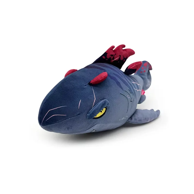 Midnight blue Shadowmaw Megalodon plush shown at a three-quarter angle with dorsal spikes and curled tail details