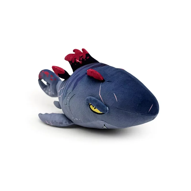 Midnight blue Shadowmaw Megalodon plush doll with yellow eye, dark fins, and stylized facial markings