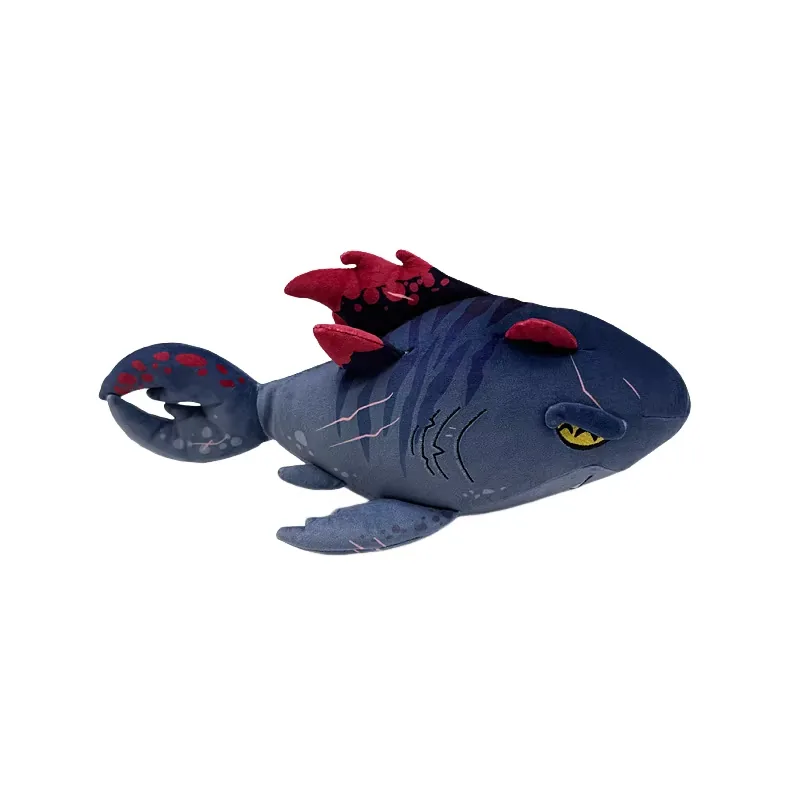Side view of the midnight blue Shadowmaw Megalodon plush showing body length, tail loop, and fin placement