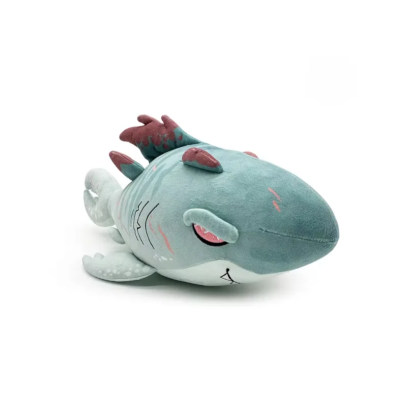 Seafoam Shadowmaw Megalodon plush shown at an angle with pale fins, red eye, and lighter fantasy shark styling