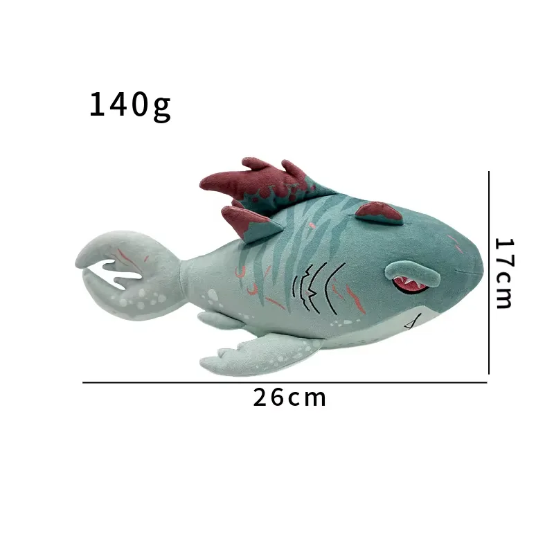 Seafoam Shadowmaw Megalodon plush doll shown with 26 cm length, 17 cm height, and 140 g weight markings