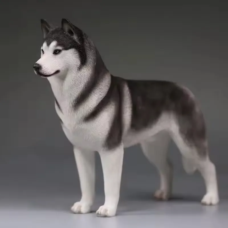 Black and cream Shiba Inu resin dog statue standing in profile with textured fur and alert ears