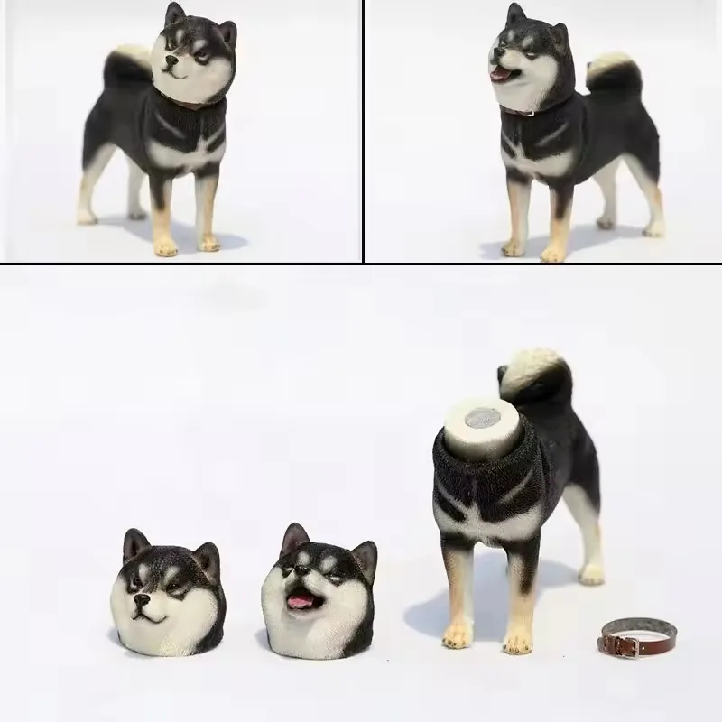 Collage showing a black Shiba Inu resin dog statue from front views with collar detail
