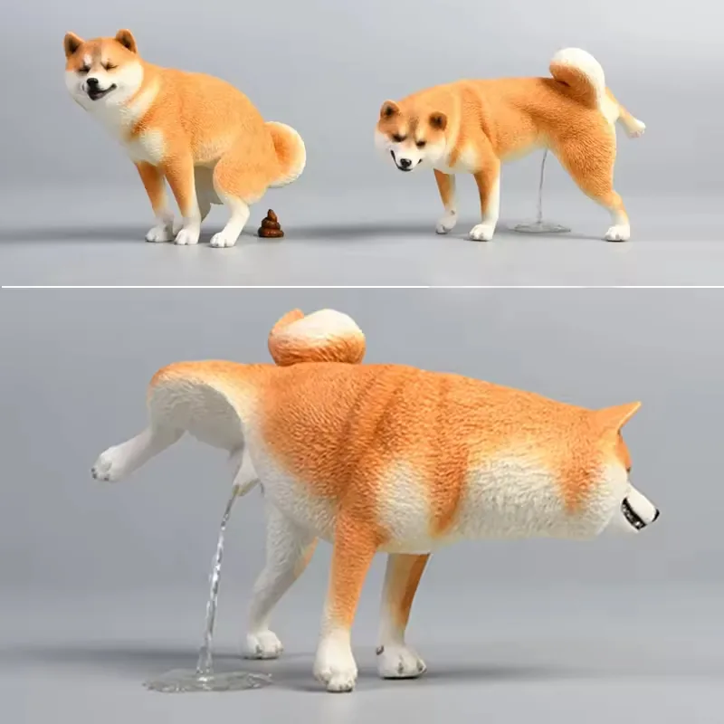 Collage of a novelty Shiba Inu resin dog statue in a humorous raised-leg pose shown from several angles