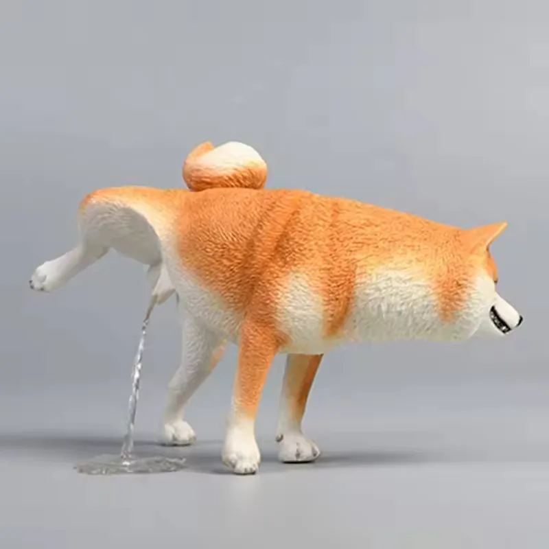 Side view of a tan Shiba Inu resin novelty statue with curled tail and humorous raised-leg pose
