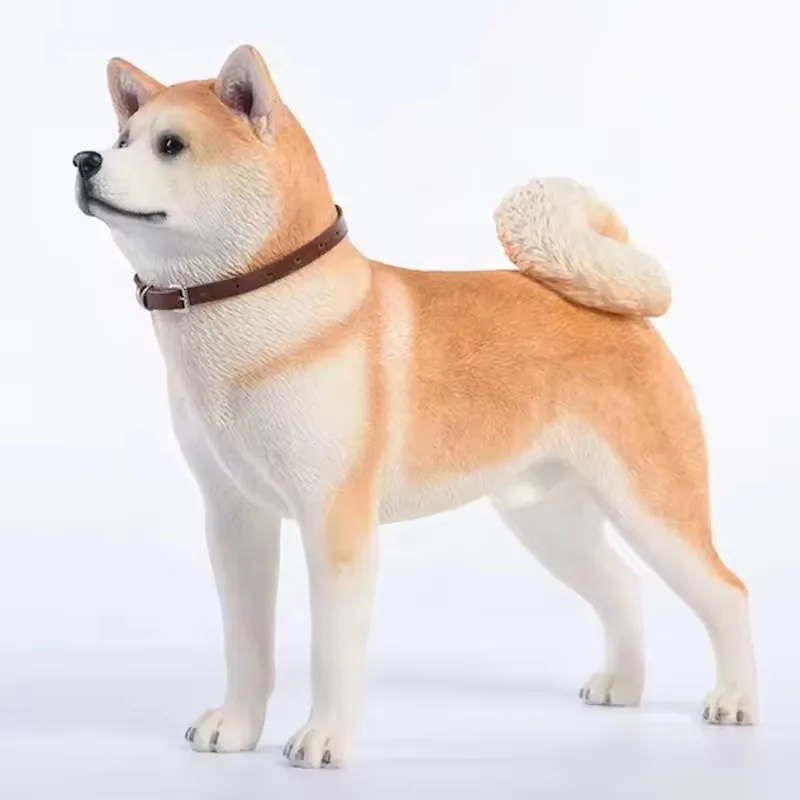 Tan and cream Shiba Inu resin dog statue with curled tail and brown collar shown in a standing display pose