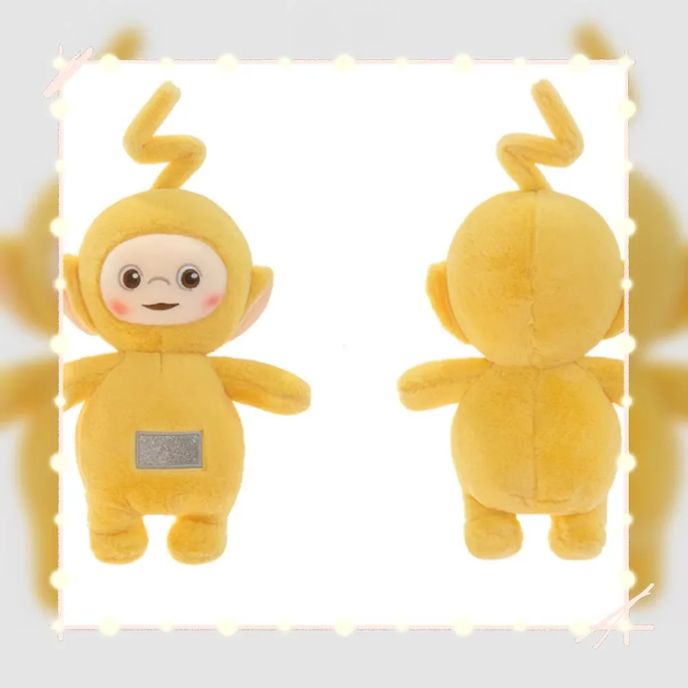 Yellow Teletubbies plush doll shown in both front and back views for silhouette comparison
