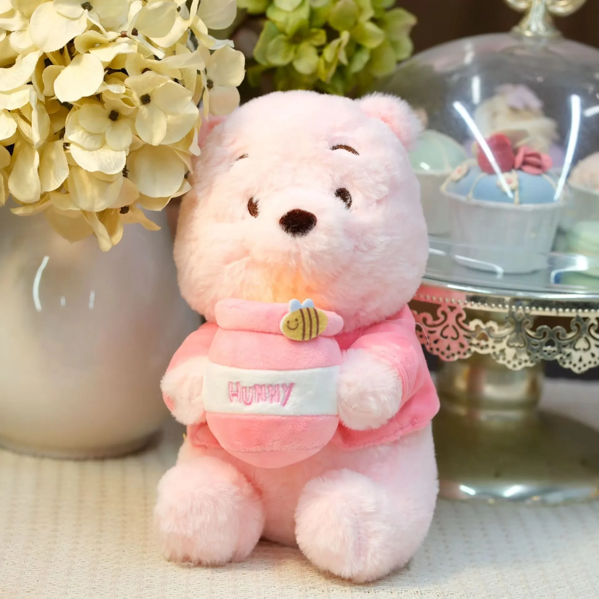 Pink honey jar bear plush doll holding a matching pink hunny jar for sweet gift merchandising